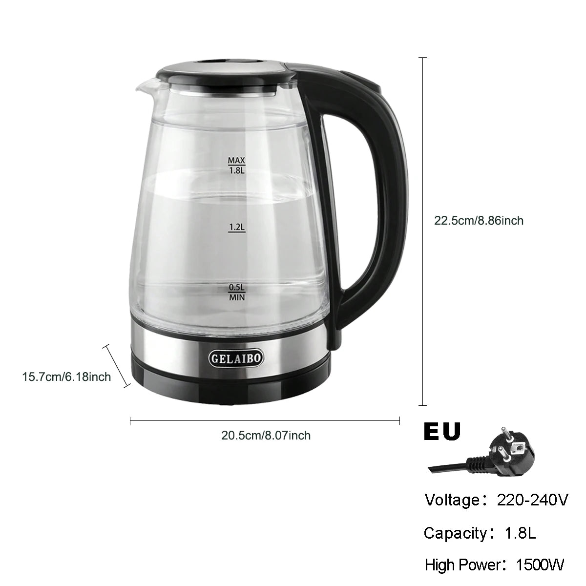 Kitchen Glass Electric Kettle,1.8L Double Layer Scald Resistant Hot Water Boiler, 1500W Fast Boiling,Ideal For Home & Travelling