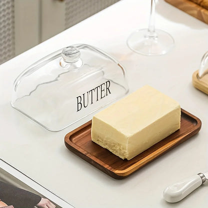 1PC Elegant Small Wood Cake Plate with Glass Cover Transparent Dome Cheese Plate with Handle And Wooden Tray Glass Butter Dish