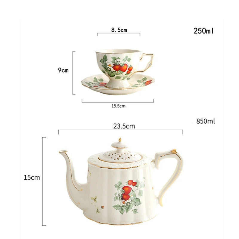 French Retro Teapot Coffee Cup Set Gold Edge Cup Saucer Flower Big Teacup English Afternoon Tea Cup