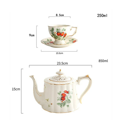 French Retro Teapot Coffee Cup Set Gold Edge Cup Saucer Flower Big Teacup English Afternoon Tea Cup