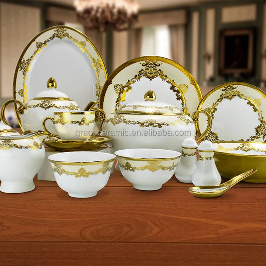 24k Gold Dinnerware Ceramic Luxury Personalized Desgin Embossed Fine Porcelain China Dubai 81pcs Dinner Set for 8 Persons