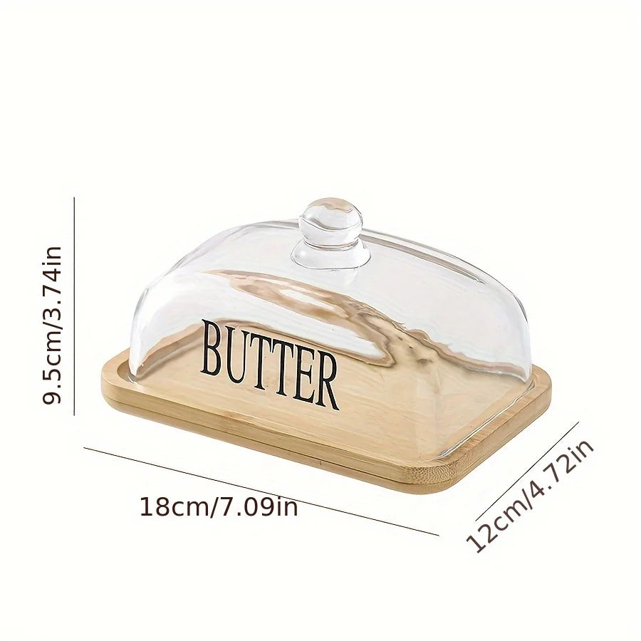 1PC Elegant Small Wood Cake Plate with Glass Cover Transparent Dome Cheese Plate with Handle And Wooden Tray Glass Butter Dish