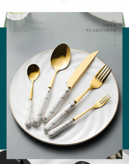 30pcs Cutlery Sets Gold Fork Spoon Knife Set Ceramic Tableware 304 Stainless Steel Dinner Set Cutlery Spoons Sets DropShipping