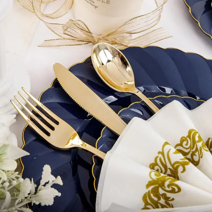 150PCS Blue Plastic Plates - Gold Plastic Silverware - Heavy Duty Navy Blue Disposable Plates
