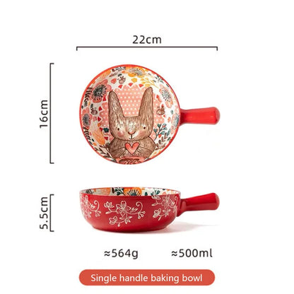 YWDL 500ml Round Ceramic Bakeware With Handle Forest Animals Baking Pan Underglaze Kitchen Tableware Salad Bowl Au Gratin Pasta