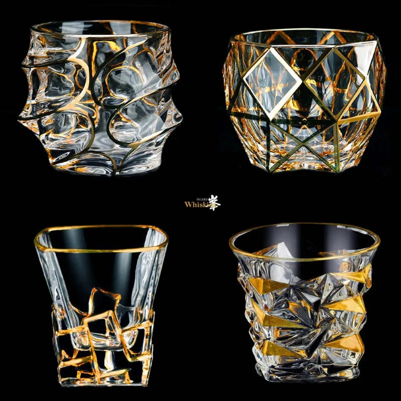 Whiskey Glass Tumblers Set Gold Line Wine Whisky Glasses Golden Painted Crystal Barware Multi-function Beer Cocktail Gift Box