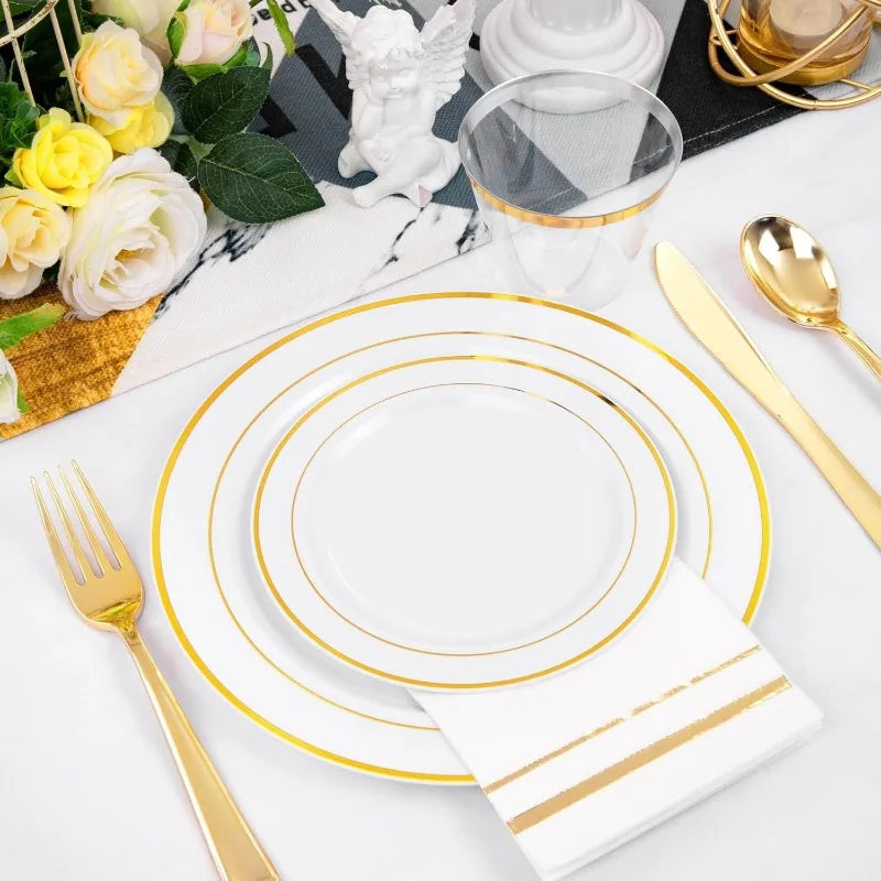 700PCS Gold Plastic Plates -Whtie and Gold Plastic Dinnerware Sets 100Guest - 200 Gold Disposable Plates,100 Napkins for Wedding