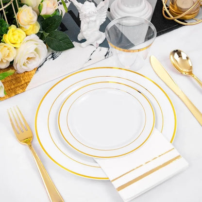 700PCS Gold Plastic Plates -Whtie and Gold Plastic Dinnerware Sets 100Guest - 200 Gold Disposable Plates,100 Napkins for Wedding
