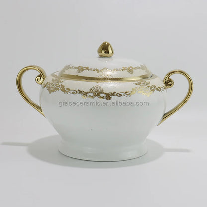 24k Gold Dinnerware Ceramic Luxury Personalized Desgin Embossed Fine Porcelain China Dubai 81pcs Dinner Set for 8 Persons
