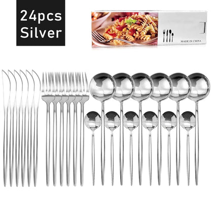 24pcs Dinnerware Set Stainless Steel Tableware Set Knife Fork Spoon Flatware Set Cutlery Set Knife Fork Spoon Tea Spoon