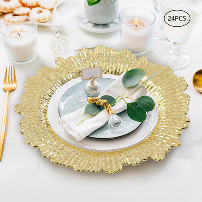 24 Pack Charger Plates, 13" Round Plastic Reef Plate Chargers with Flora Reef Design for Wedding Dinner Party Decoration