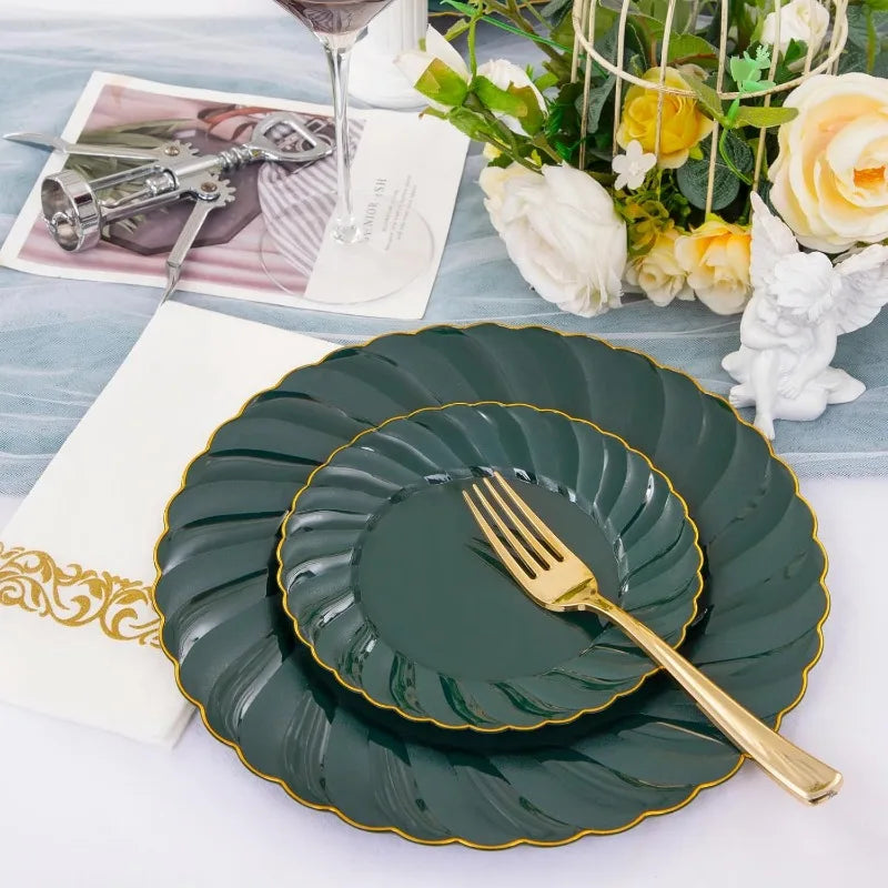150PCS Blue Plastic Plates - Gold Plastic Silverware - Heavy Duty Navy Blue Disposable Plates