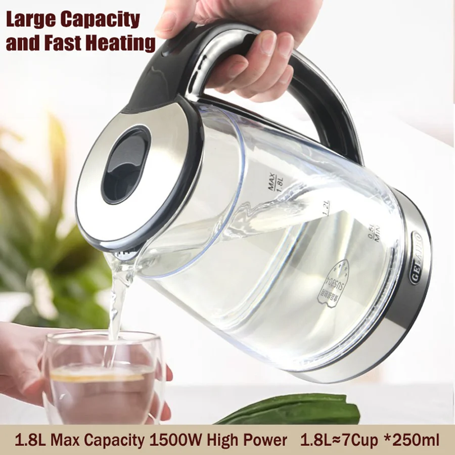 Kitchen Glass Electric Kettle,1.8L Double Layer Scald Resistant Hot Water Boiler, 1500W Fast Boiling,Ideal For Home & Travelling