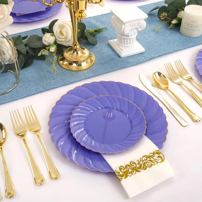 150PCS Blue Plastic Plates - Gold Plastic Silverware - Heavy Duty Navy Blue Disposable Plates