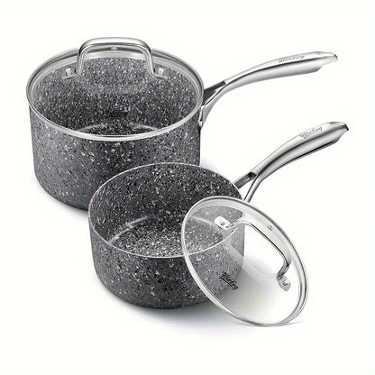 HLAFRG Nonstick 2Qt & 3Qt Sauce Pan Set with Lid, Saucepan Set, Natural Granite Small Sauce Pots, Grey Pot Set for All Stove