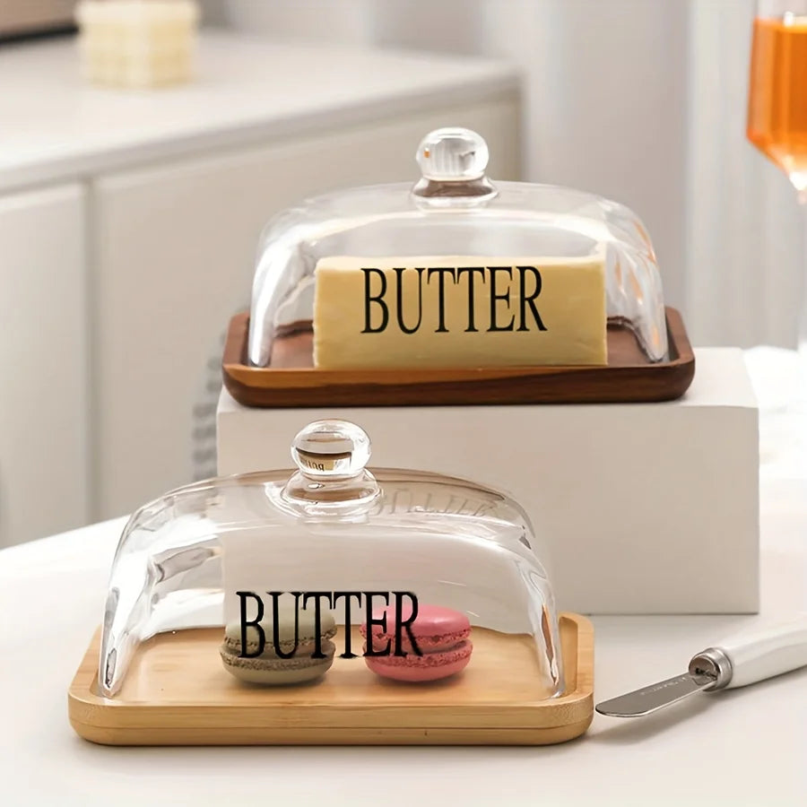 1PC Elegant Small Wood Cake Plate with Glass Cover Transparent Dome Cheese Plate with Handle And Wooden Tray Glass Butter Dish