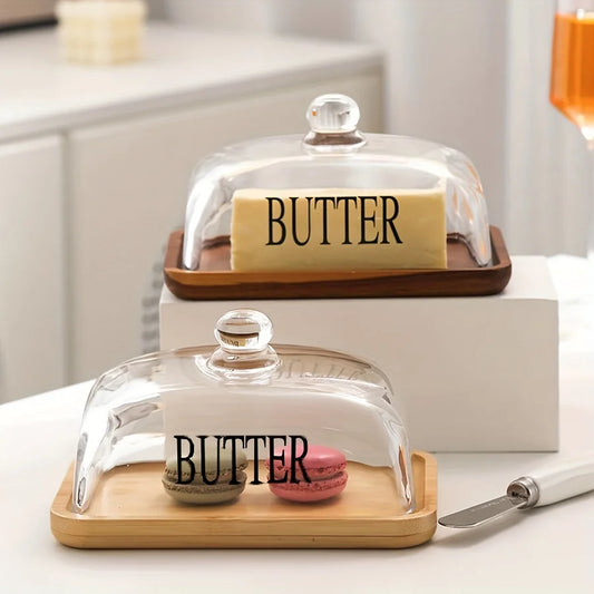 1PC Elegant Small Wood Cake Plate with Glass Cover Transparent Dome Cheese Plate with Handle And Wooden Tray Glass Butter Dish