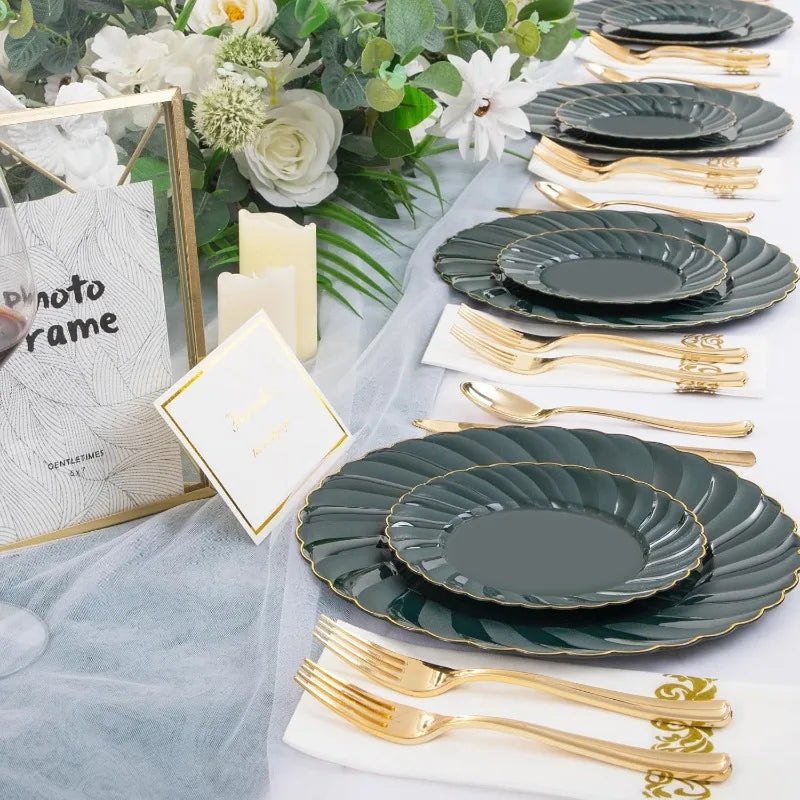 150PCS Blue Plastic Plates - Gold Plastic Silverware - Heavy Duty Navy Blue Disposable Plates