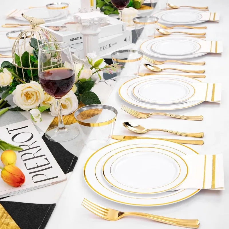 700PCS Gold Plastic Plates -Whtie and Gold Plastic Dinnerware Sets 100Guest - 200 Gold Disposable Plates,100 Napkins for Wedding