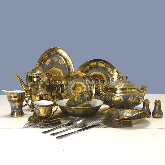 Hot Selling Home Restaurant Ceramic Pakistan Dubai Dinnerware Set 84 Pieces Fine Porcelain Dinner Set With Gold Plated Design
